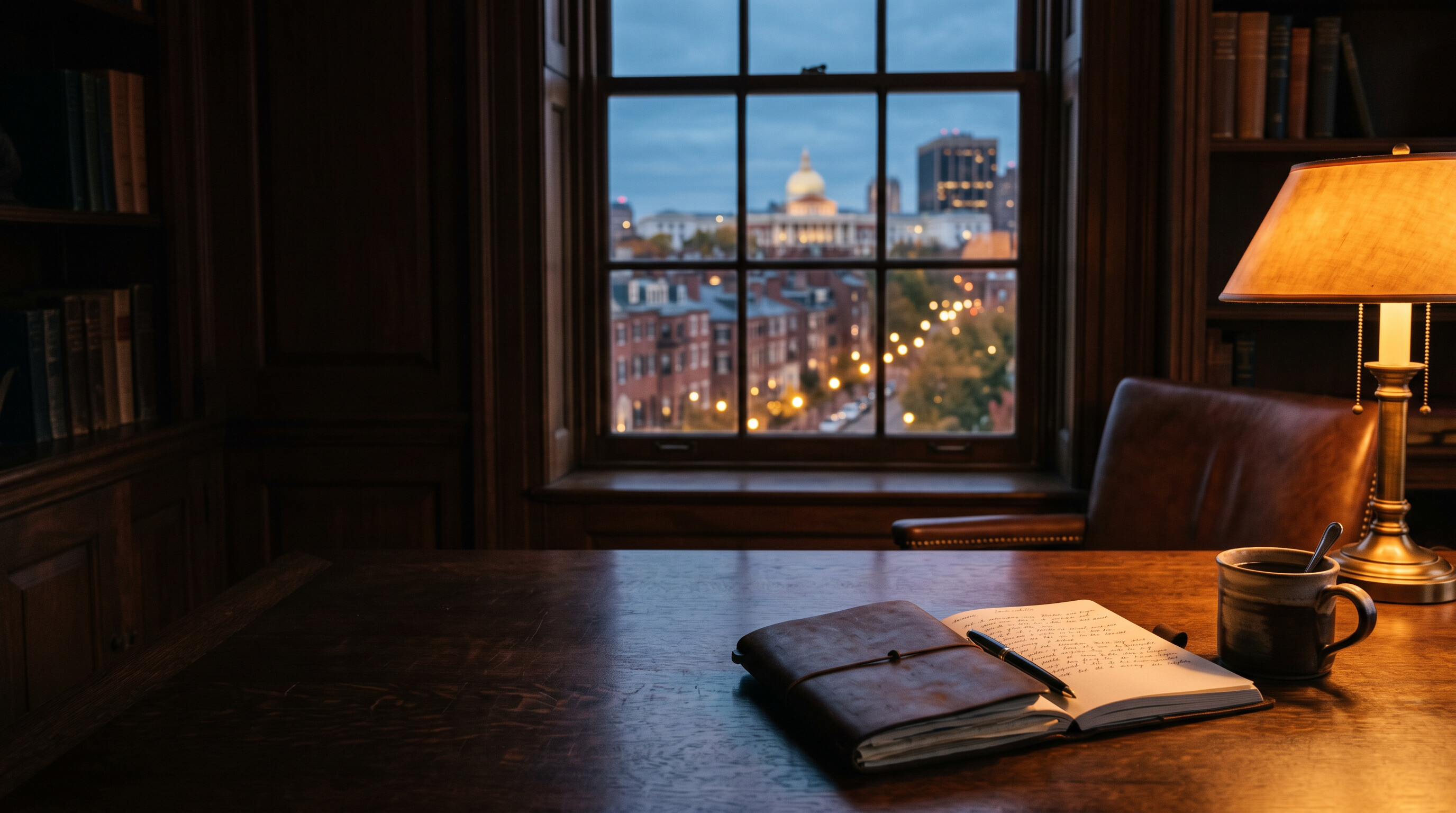 Mesa de estudos com diário em couro, caneta tinteiro e vista crepuscular para a cidade nos Estados Unidos